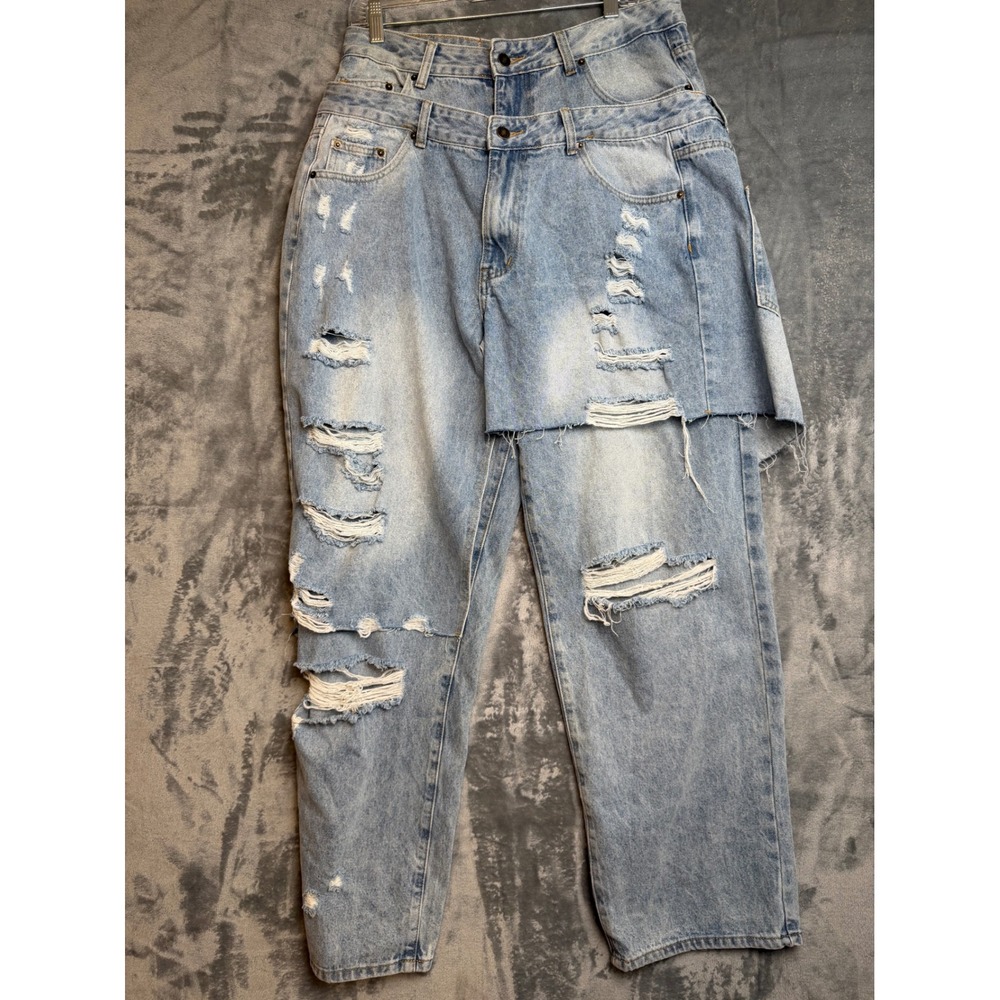 Sumwon Y2K Double Waist Distressed Light Wash Wide Leg Jeans Large NEW
